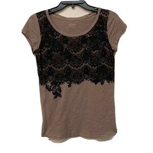 LOFT Womens Multicolor Lace Overlay Short Sleeve Cotton Top